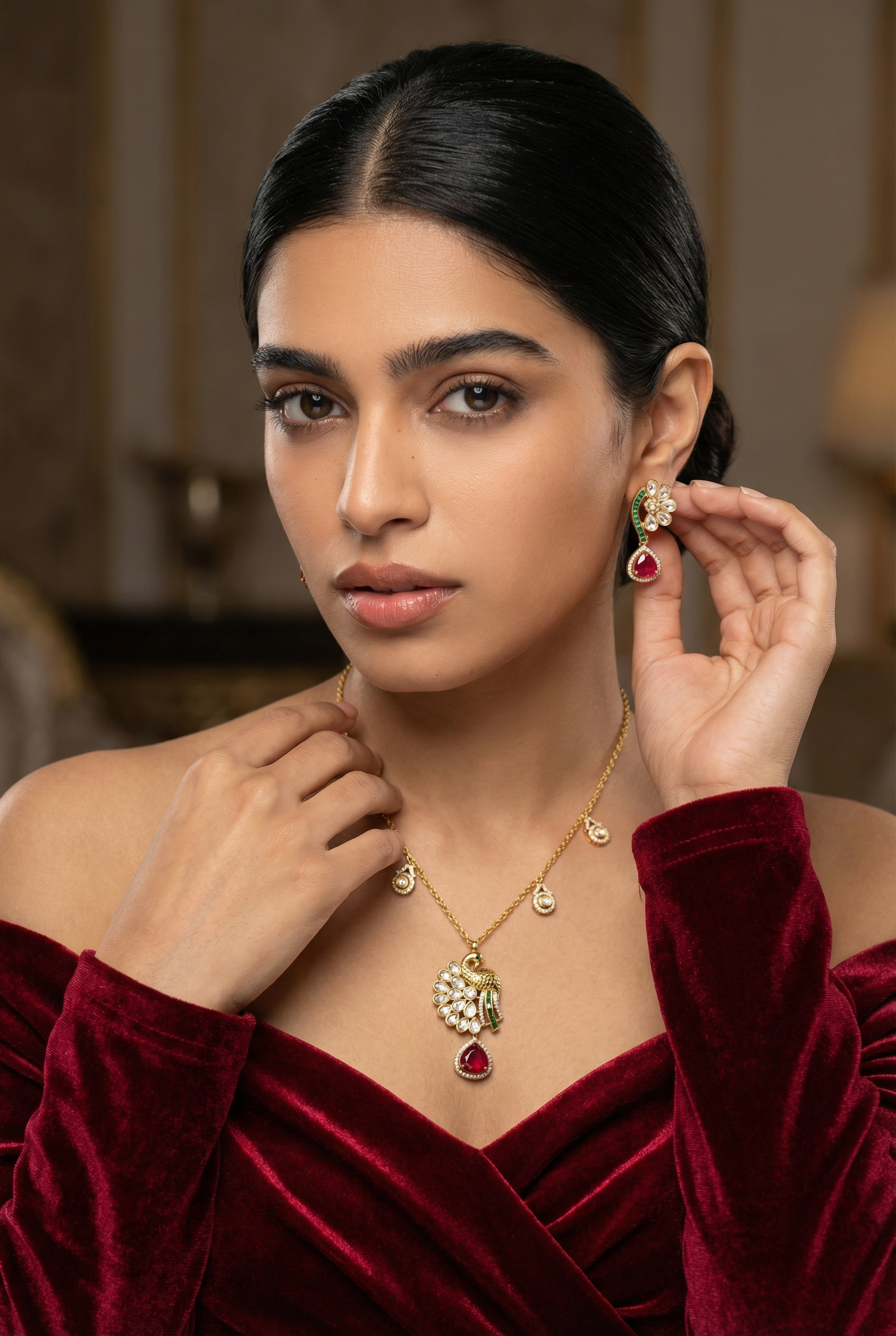 Moraya Ruby Peacock Pendant Set